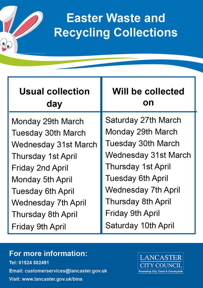 Changes to waste and recycling collections this Easter Lancaster City